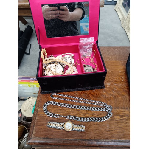 400 - Small jewellery box with some fashion jewellery inc 2 stainless steel chains & wristwatch