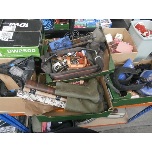 95 - Four boxes inc tools, wellies, wallpaper stripper, tool bag, etc