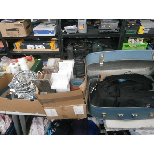 97 - Lot inc suitcase, plant pots, display shelving, light fitting, mirror, etc