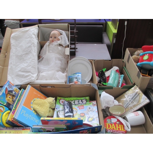 100 - Four boxes inc porcelain doll, books, sunglasses, enamel plates, etc
