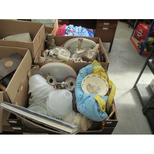 62 - Two boxes inc ornaments, candelabra, lamp, glass lampshades, decorative plates, etc