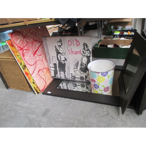 63 - Lot inc woven box, artwork, mirrors, bin