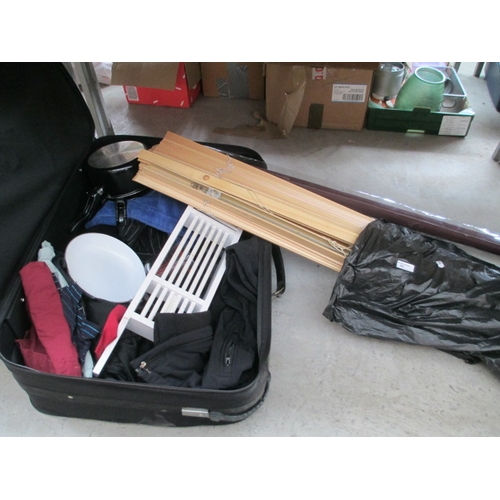 65 - Lot inc window blinds, suitcase, pans, clothes, etc