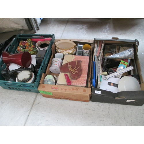 66 - Three boxes inc plant pots, radio, maps, jug, etc