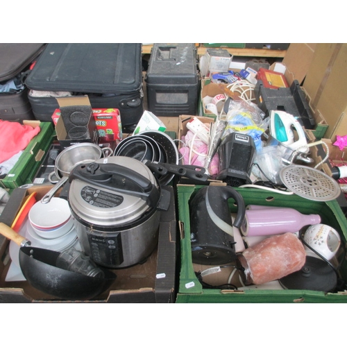 69 - Four boxes inc steam cooker, pans, kettle, Parlane bottles, iron, etc