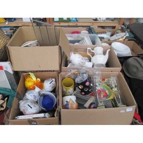 71 - Four boxes inc lamp, sewing accessories, vases, piggy banks, teapot, etc