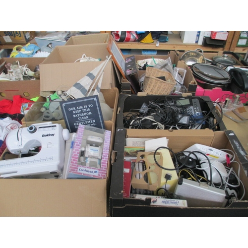 73 - Four boxes inc Panasonic telephone, assorted cables, tapes, model boat, Beldray sewing machine, etc