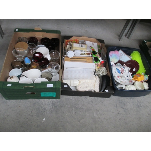 75 - Three boxes inc glassware, cups, pottery, sunglasses, etc