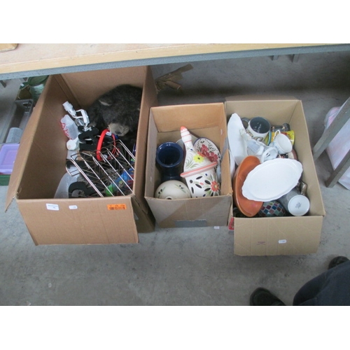 76 - Four boxes inc plastic tubs, soft toy, lamp, vases, etc