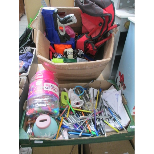 80 - Two boxes inc toys, pens, pencils, paper, money bank, etc