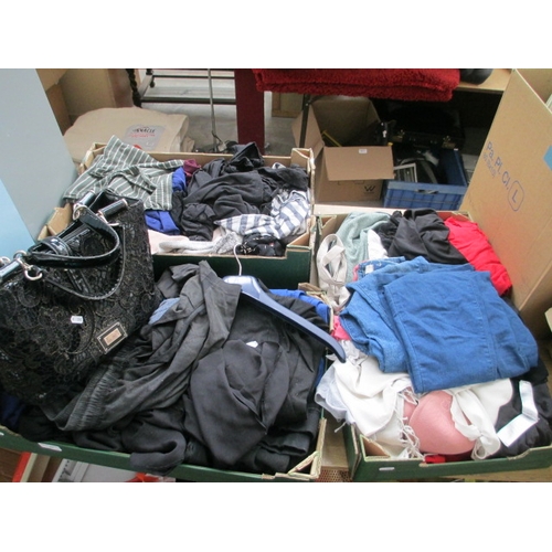 82 - Three boxes of assorted clothing and handbag