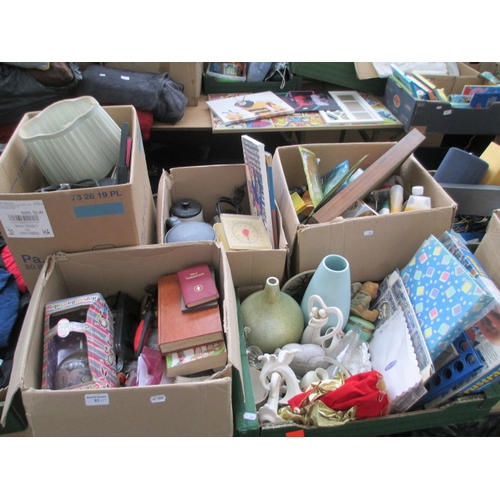 83 - Five boxes inc Bibles, string lights, cosmetics, vases, ornaments, etc