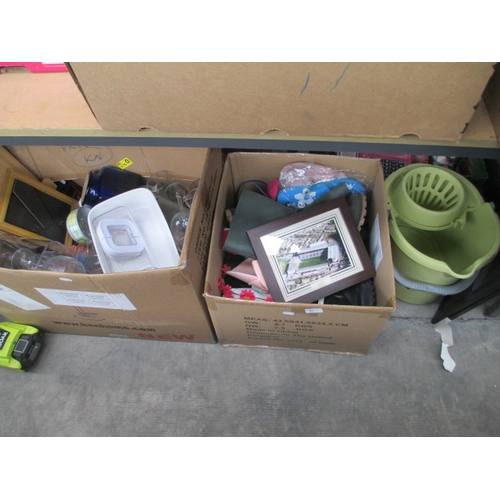 95 - Two boxes inc wellies, glasses, Brita filter, baking dish, Burnley FC stadium photograph, mop bucket... 