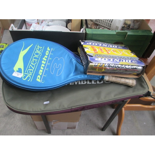 97 - Lot inc Wimbledon tennis racket bag, four tennis rackets and box of tennis balls
