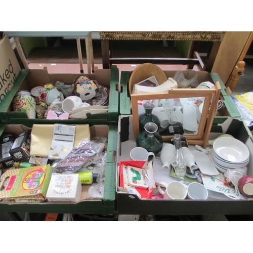 98 - Four boxes inc mirror, vases, lamp, buttons, crockery, etc