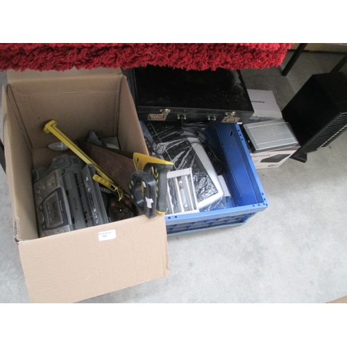 105 - Lot inc Panasonic fax machine, briefcase, external hard drives, keyboards, etc