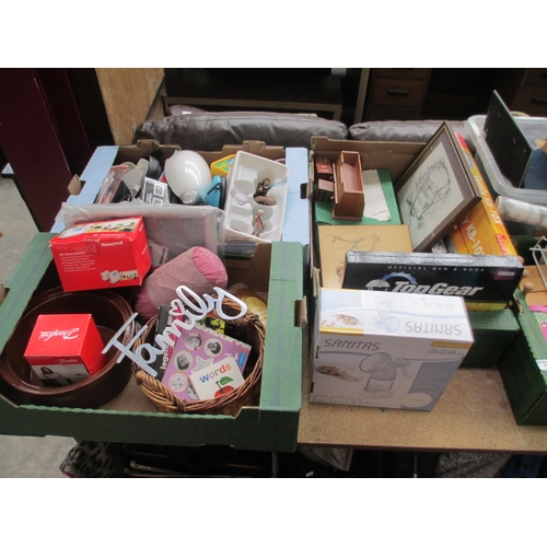 108 - Three boxes inc breast pump, Top Gear DVD set, Computer keyboard, figures, thermostats, etc