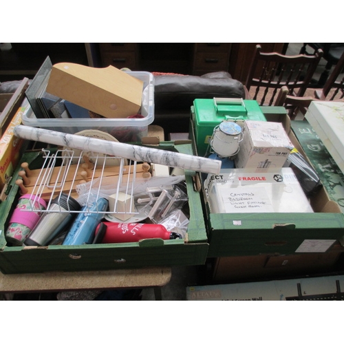 109 - Three boxes inc kitchen utensils, paraffin lamp, mirrored placemats, flasks, etc