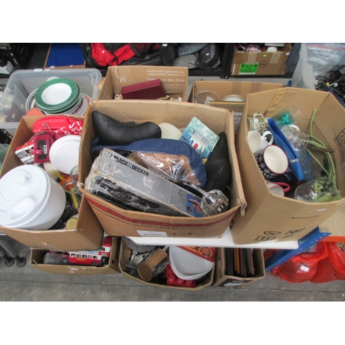 119 - Three boxes inc mugs, glasses, handheld vacuum, neck cushions, tealight holders, etc
