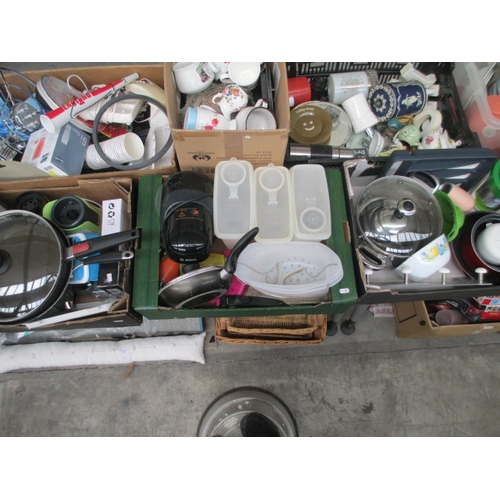 120 - Three boxes inc pans with lids, plastic food storage, coffee machine, Tower sandwich toaster, etc