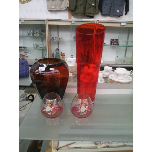 200 - Two large glass vases and pair of floral brandy glasses