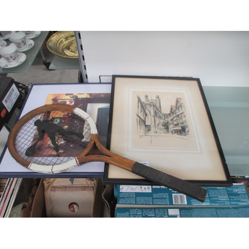 208 - Lot inc two framed prints and tennis racket