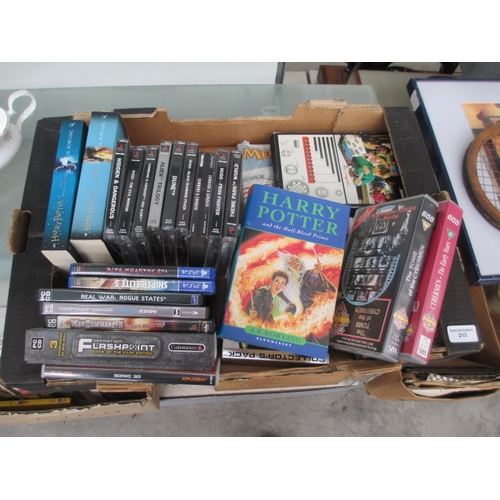 213 - Box inc PS1 games, Harry potter books, Doctor Who videos, etc