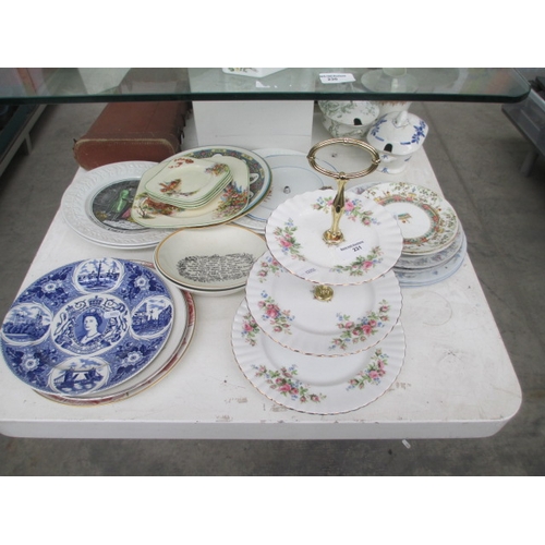 231 - Lot inc Royal Albert Rose Moss cake stand, Woods Ivory ware, collectable plates, etc