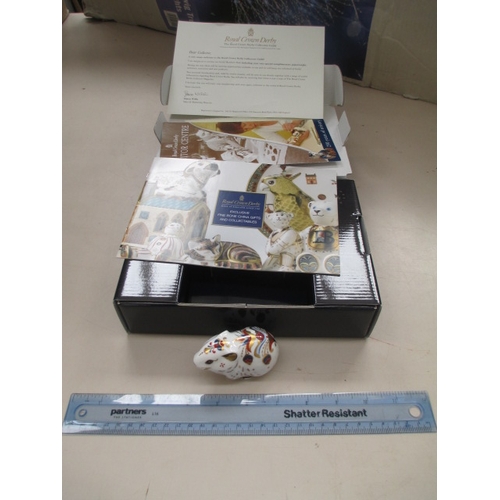 236 - Boxed Royal Crown Derby with gold stopper and certificates Bank Vole ornament