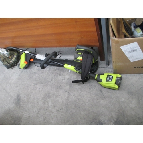 96 - Ryobi cordless tools inc grass strimmer and blower with three batteries and charger. One battery as ... 