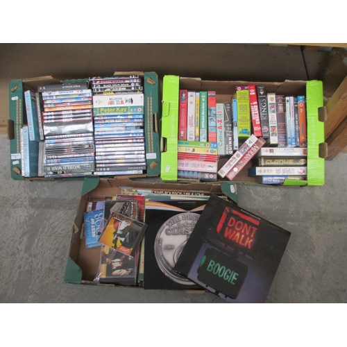 19 - Three boxes inc vinyl, DVDs, videos, etc