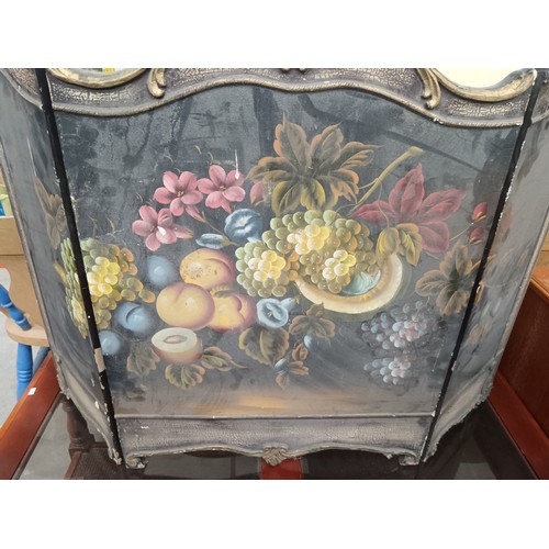 621 - A small vintage folding 3 panel screen with hand painted decoration and gilt framing