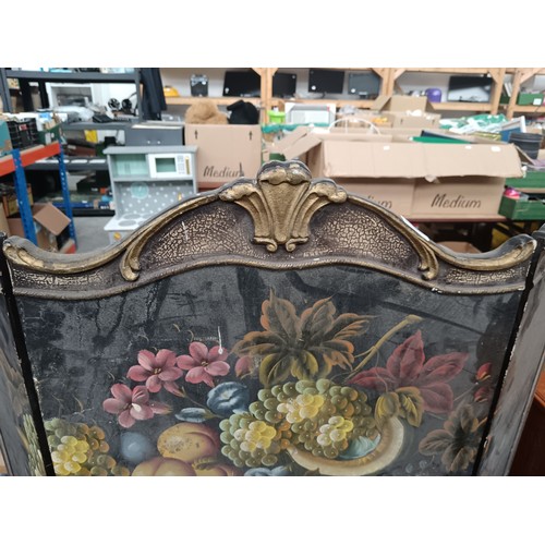 621 - A small vintage folding 3 panel screen with hand painted decoration and gilt framing