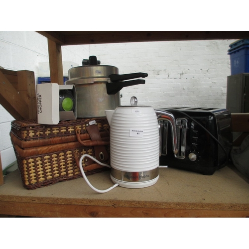 41 - Lot inc kettle, steam pan, toaster, picnic basket, etc