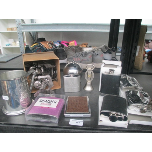 161 - Lot inc hip flasks, football trophy plaques, Guinness tankard, etc