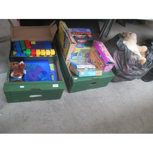 72 - Two boxes and bag of toys and soft toys