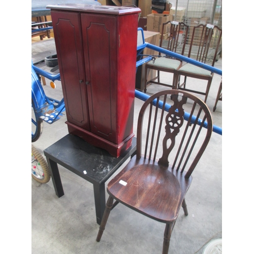 129 - Lot inc wheelback chair, small table and mahogany CD cabinet