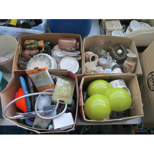 140 - Four boxes inc vintage pottery, shower head, bone china, oriental vases, glasses, etc