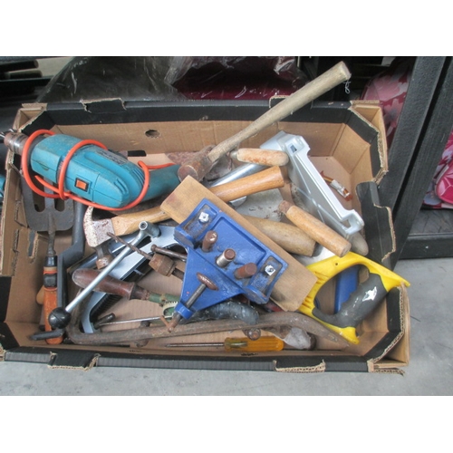 184 - Box of assorted tools inc clamps, pillar drill stand, etc