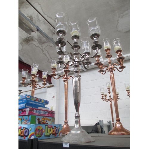 187 - Five arm chrome coloured candelabra with storm glasses