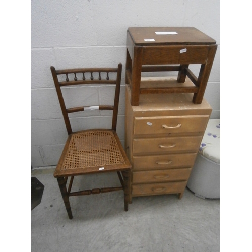 649 - A small vintage painted 5 drawer chest, a vintage stool and a Bergere chair