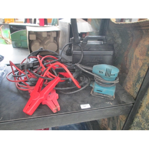 309 - Lot inc petrol can, small sander and jumpstart cables