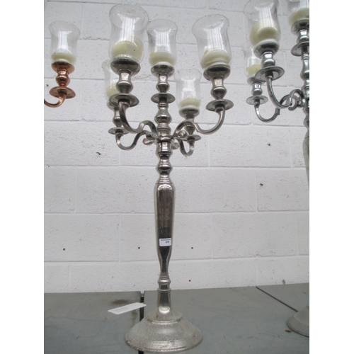 376 - Five arm chrome coloured candelabra with storm glasses