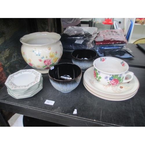 210 - Lot inc Johnson Bro saucers, Denby bowls, floral vase, etc