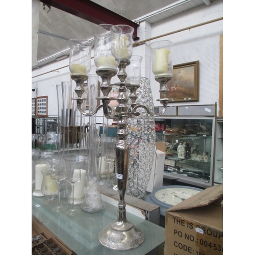 227 - Five arm chrome coloured candelabra with storm glasses