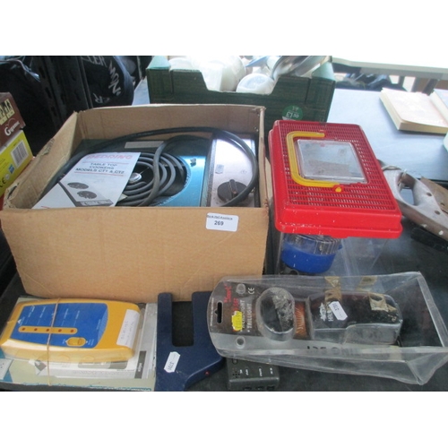 269 - Lot inc Redring tabletop hob, stud detector, taillight, car bulbs, halogen bulbs, etc