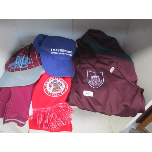 299 - Lot inc Burnley FC tracksuit tops, Accrington Stanley scarf, baseball caps