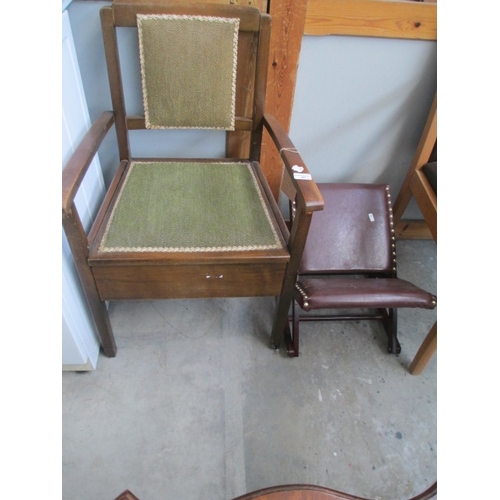 607 - A vintage wood framed elbow chair, - ex commode, and a rocking stool