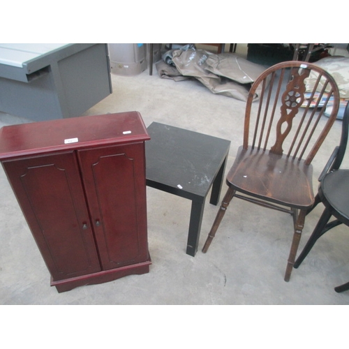 614 - A small DVD cabinet, a vintage wheelback chair and an occasional table