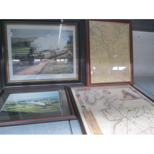 310 - Two framed maps and two framed locomotive photographs